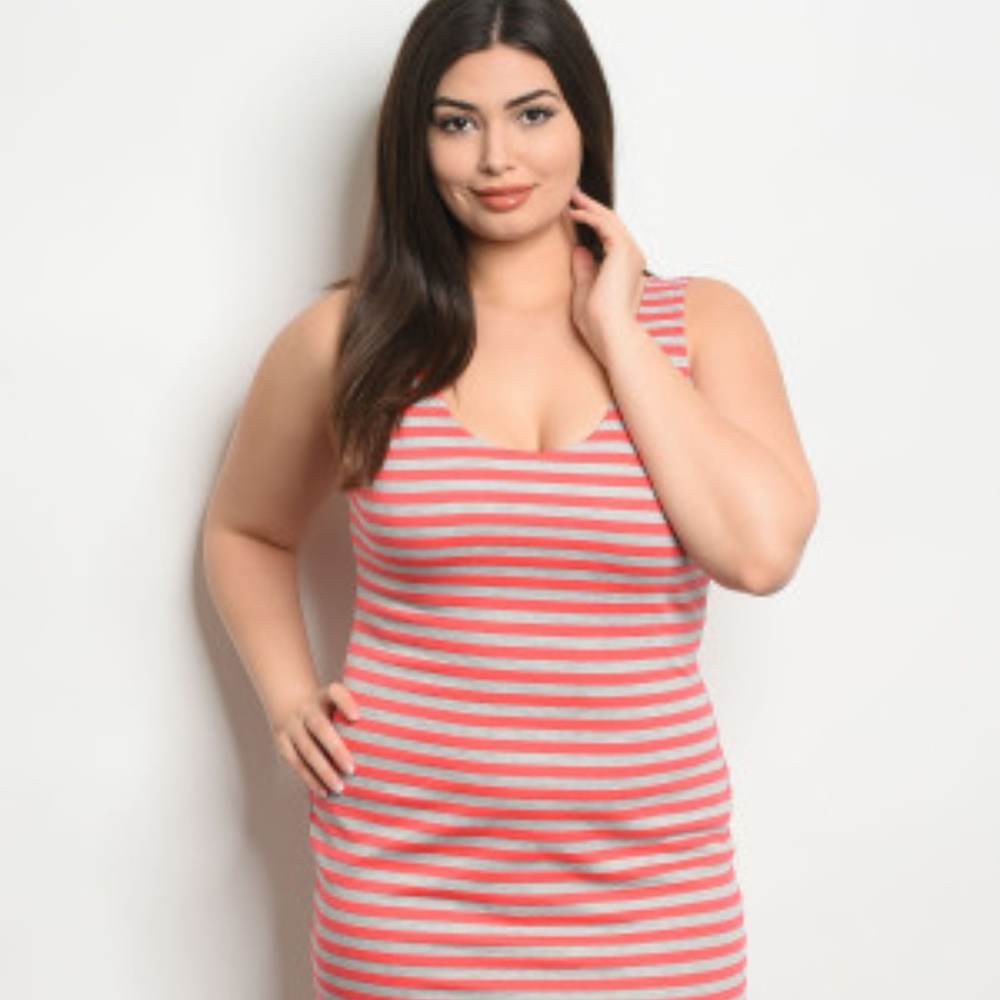 CORAL GRAY STRIPES PLUS SIZE DRESS